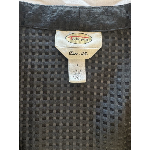 Vintage Talbots 100% Silk Blouse Womens Size 16 Black Textured Checkered - Picture 6 of 8